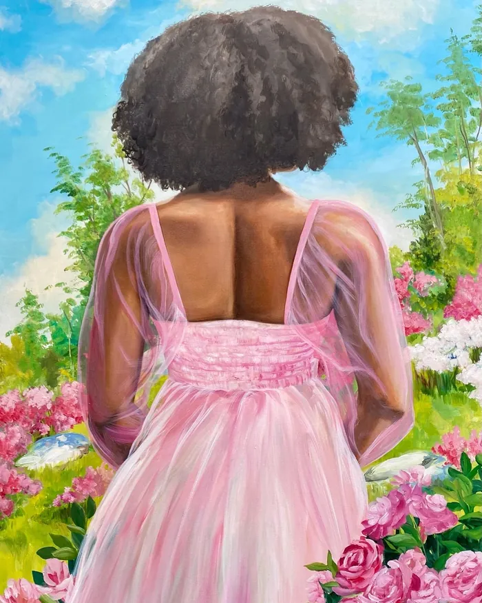 Painting of woman in pink dress with curly hair in garden by Esther Stimphat