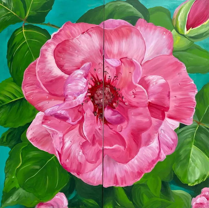 Close-up of pink rose flower with green leaves by Esther Stimphat