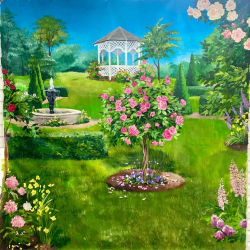 Garden with white gazebo, fountain, and blooming pink flowers by Esther Stimphat
