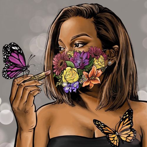 Digital portrait of woman with floral face mask and butterflies by Esther Stimphat