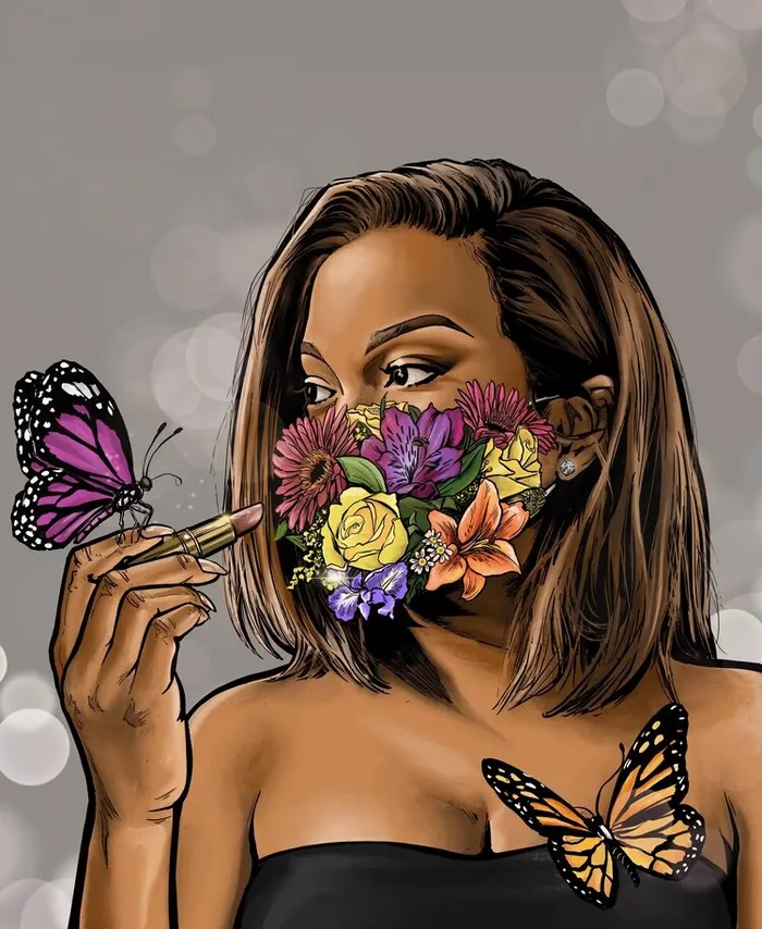 Digital portrait of woman with floral face mask and butterflies by Esther Stimphat