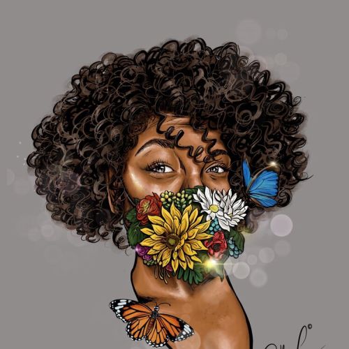 Portrait of woman with floral face mask and butterflies by Esther Stimphat
