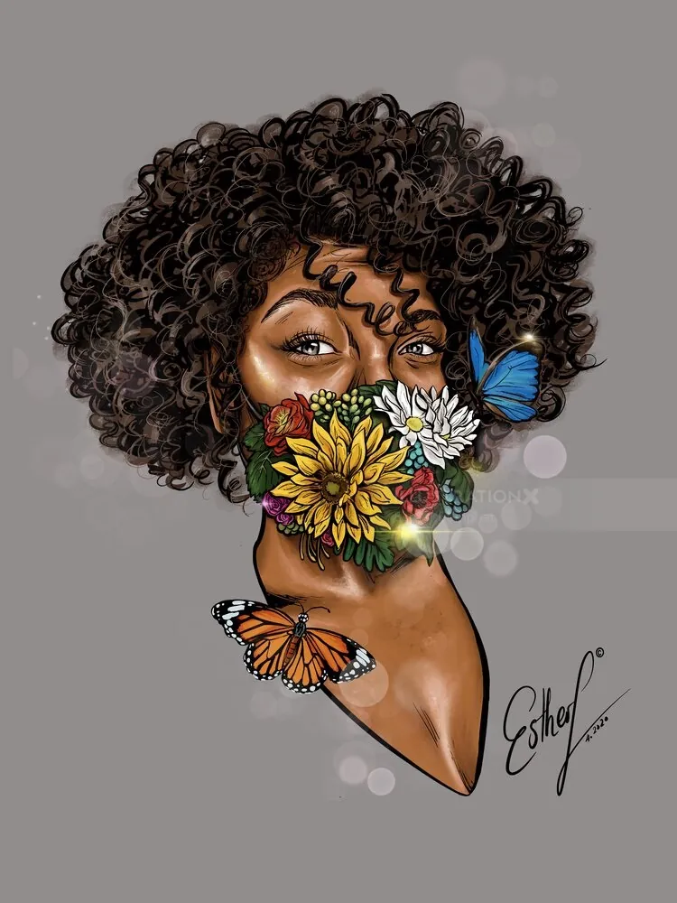 Portrait of woman with floral face mask and butterflies by Esther Stimphat