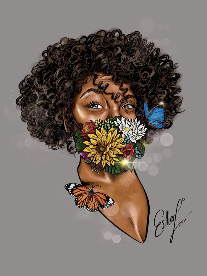 Portrait of woman with floral face mask and butterflies by Esther Stimphat