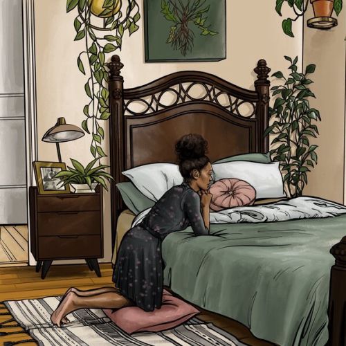 Woman kneeling next to bed in cozy plant-filled bedroom by Esther Stimphat