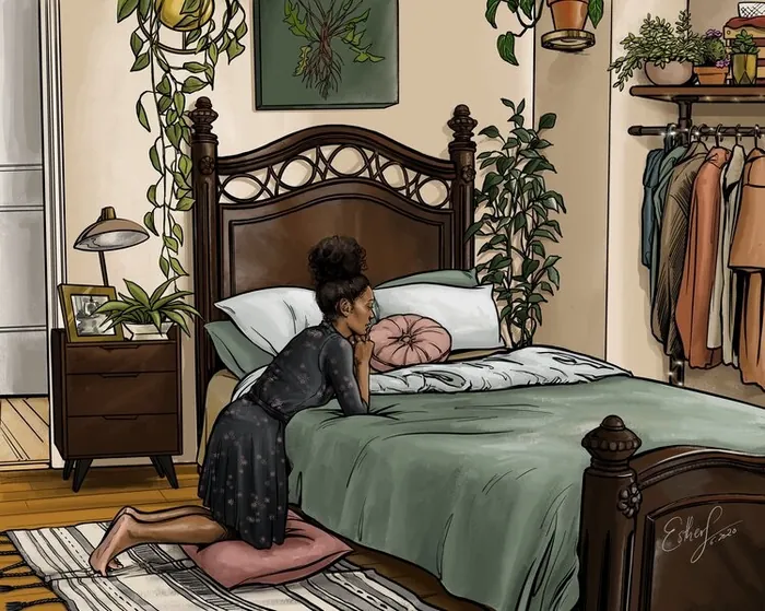 Woman kneeling next to bed in cozy plant-filled bedroom by Esther Stimphat