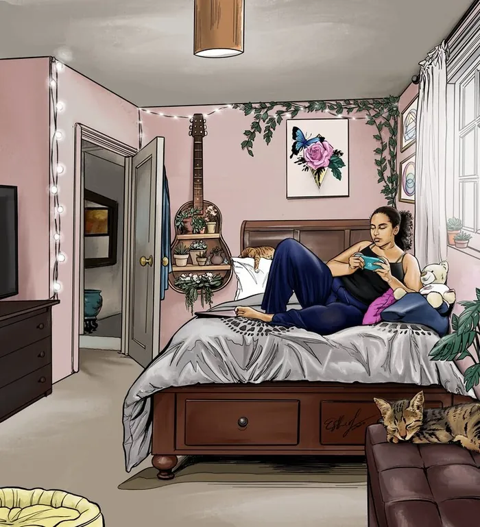 A woman relaxing on a bed in a cozy bedroom by Esther Stimphat