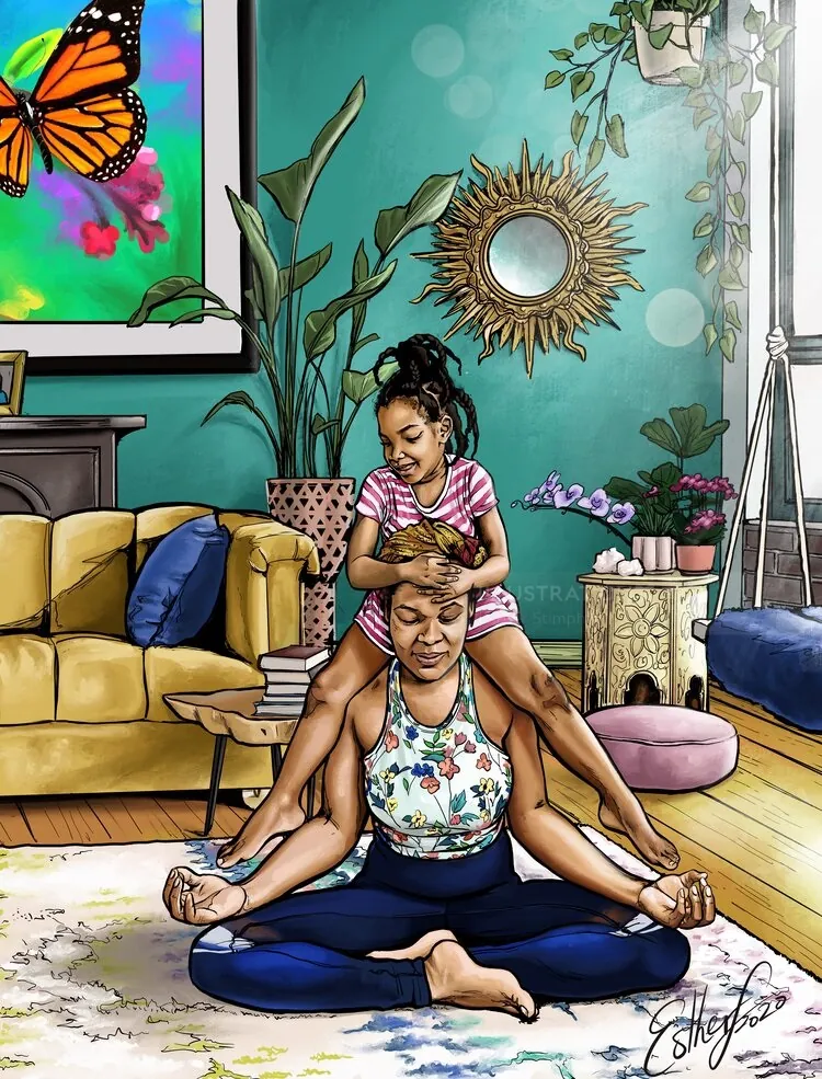 Mother and daughter meditating together in living room by Esther Stimphat