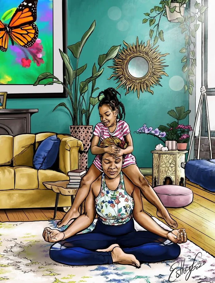 Mother and daughter meditating together in living room by Esther Stimphat