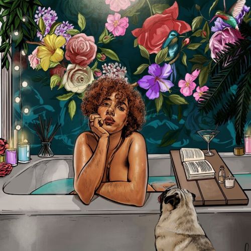 A woman in a bathtub with flowers and a dog by the tub, artwork by Esther Stimphat