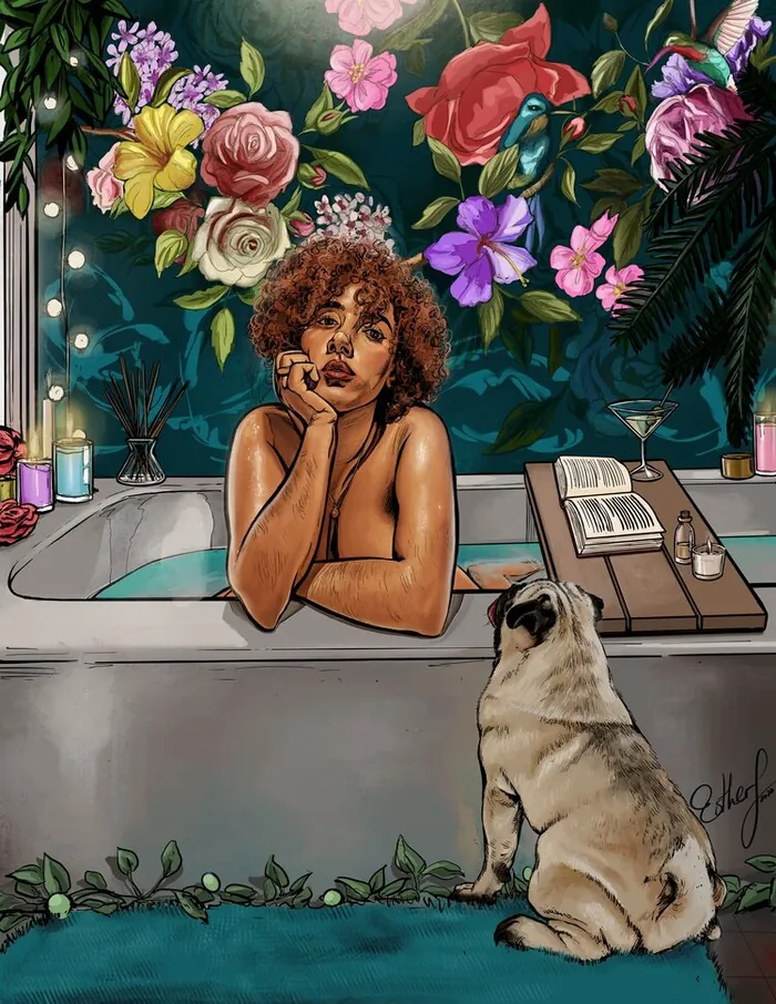 A woman in a bathtub with flowers and a dog by the tub, artwork by Esther Stimphat