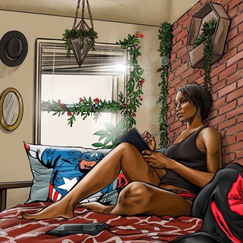 Woman sitting on bed writing in notebook in cozy room by Esther Stimphat