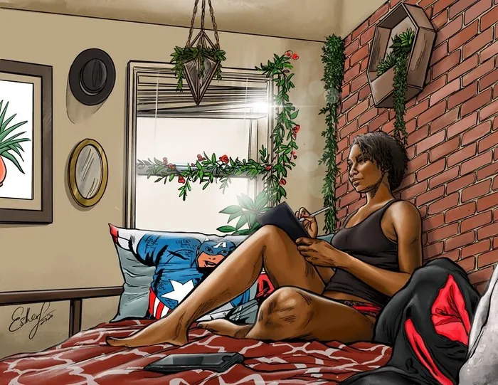 Woman sitting on bed writing in notebook in cozy room by Esther Stimphat