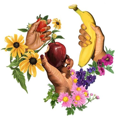 Hands holding strawberry, apple, and banana with flowers around by Esther Stimphat