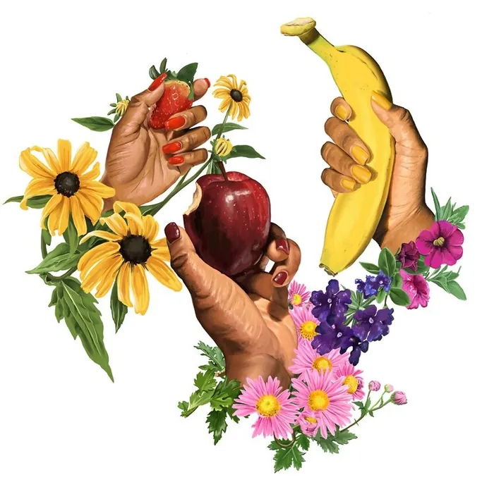 Hands holding strawberry, apple, and banana with flowers around by Esther Stimphat