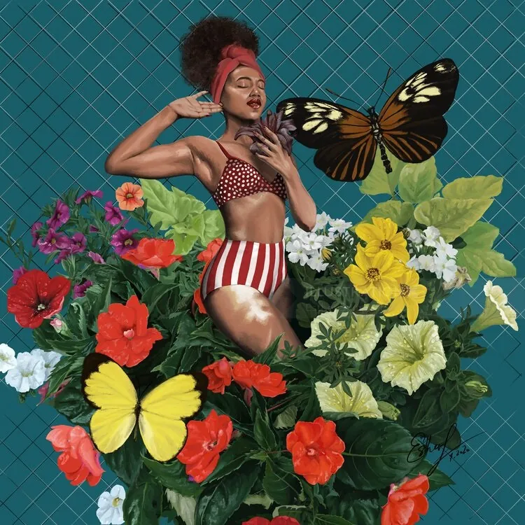 A woman in a swimsuit surrounded by flowers and butterflies by Esther Stimphat