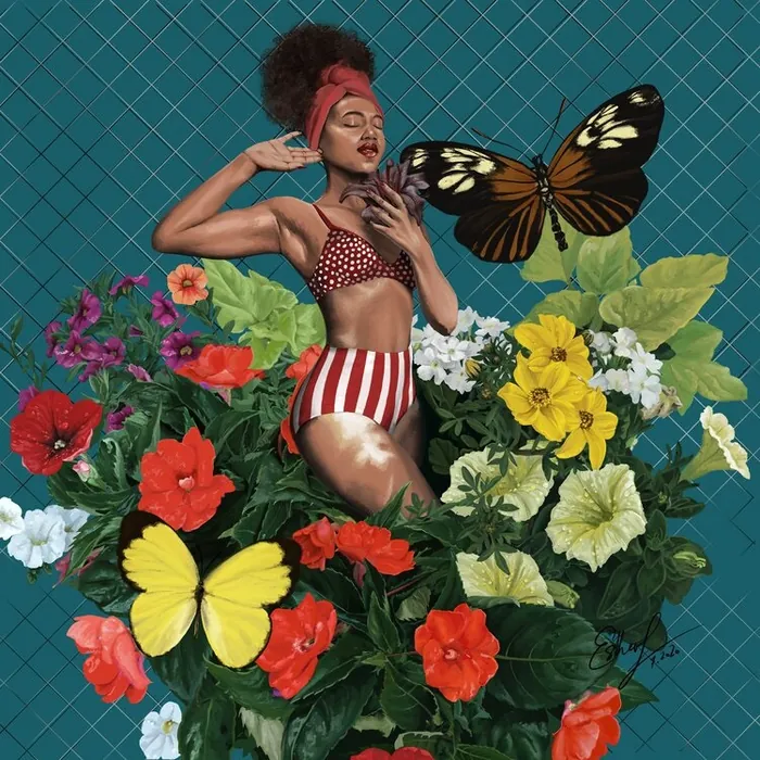 A woman in a swimsuit surrounded by flowers and butterflies by Esther Stimphat