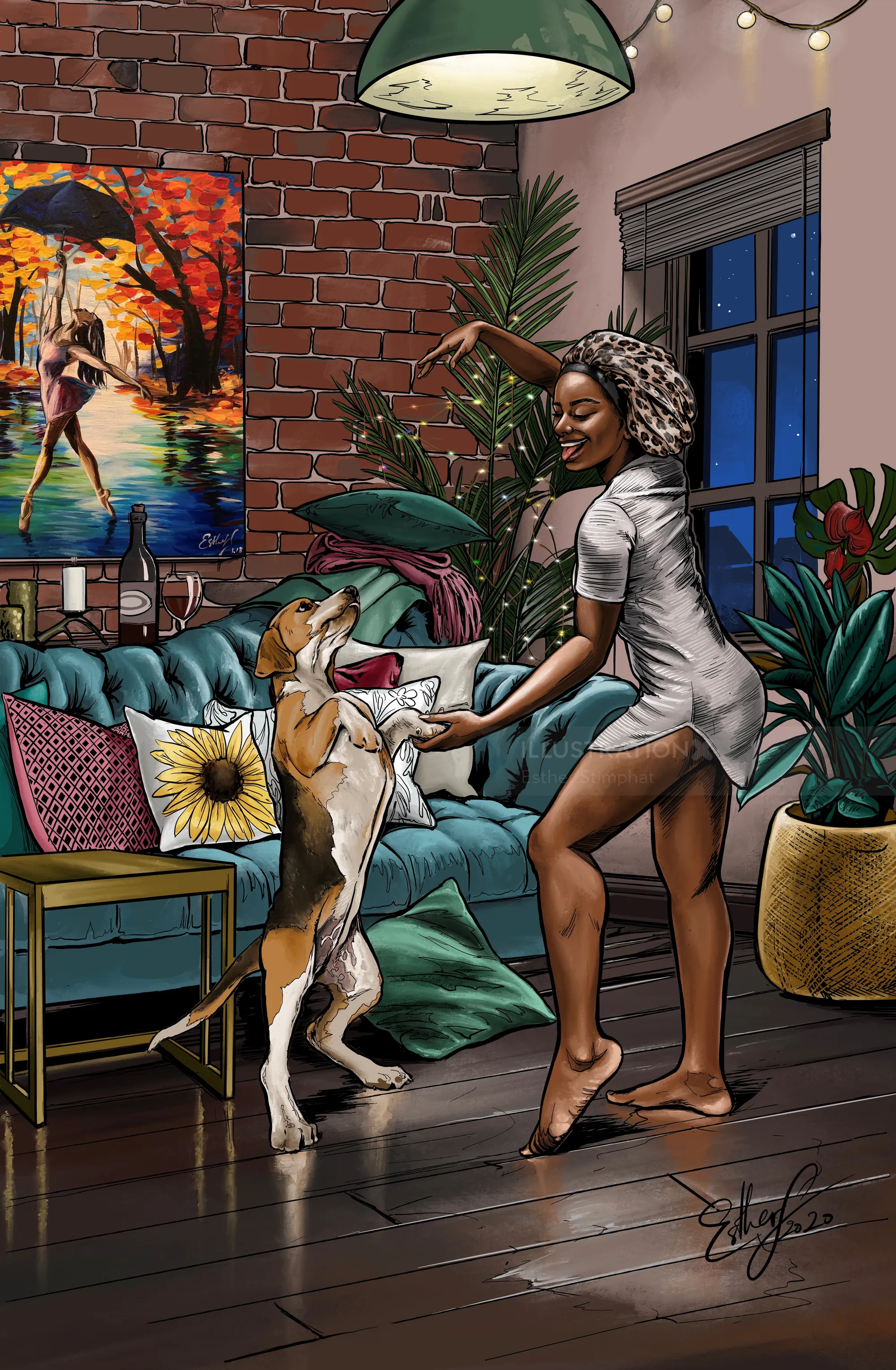 Woman dancing barefoot with her dog in a cozy living room