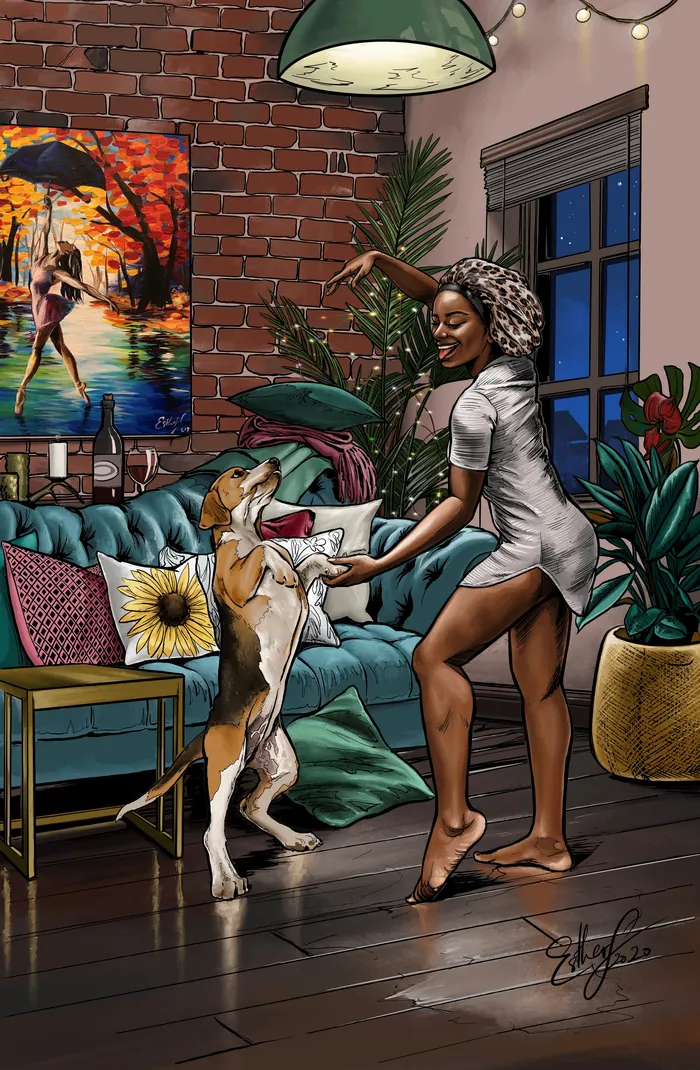 Woman dancing barefoot with her dog in a cozy living room