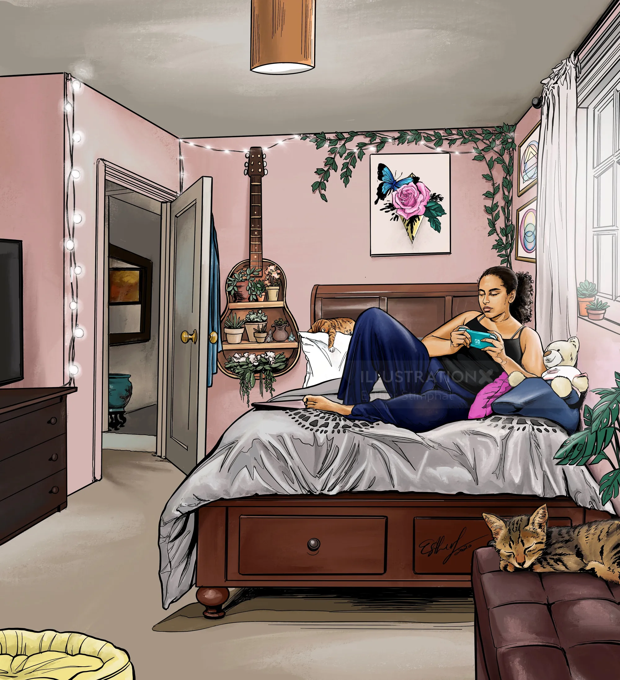 Woman reading book on bed in cozy bedroom with guitar and cat