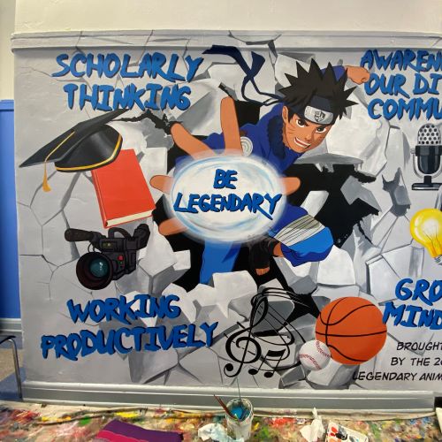 Colorful mural featuring themes of scholarship, diversity, productivity, and growth mindset