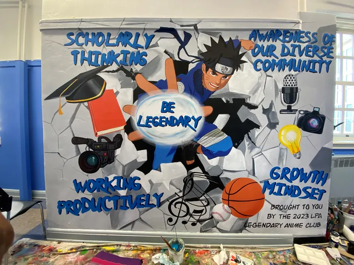 Colorful mural featuring themes of scholarship, diversity, productivity, and growth mindset