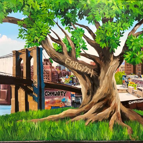 Tree with words like foresight and collaboration in urban setting near bridge