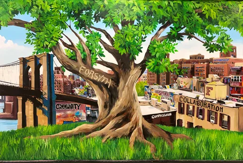 Tree with words like foresight and collaboration in urban setting near bridge