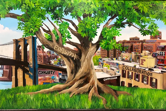 Tree with words like foresight and collaboration in urban setting near bridge