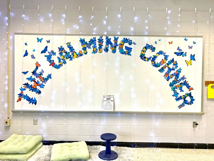 Whiteboard with 'The Learning Garden' spelled by butterfly decorations and string lights