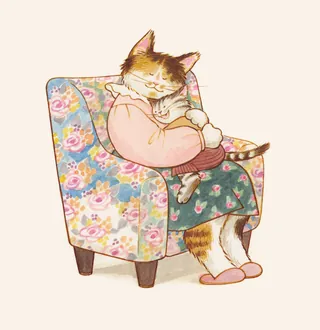 Mother cat hugging kitten on floral armchair