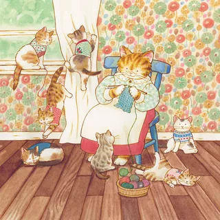 Cat knitting with several cats playing around in a cozy room