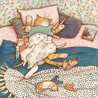 Cat sleeping on bed surrounded by cat toys and pillows