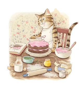 Cat decorating a cake with pink icing in a kitchen
