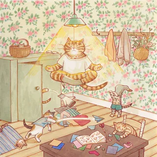 Meditating cat levitating as other cats play in a cozy room with floral wallpaper