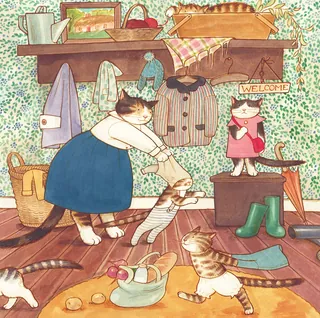 Cats dressed as humans in a cozy home entryway with coat rack