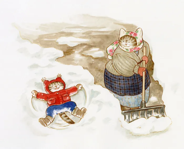 Cat child making snow angel and cat adult shoveling snow