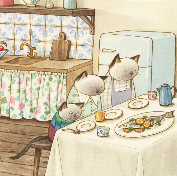Cat family sitting at table with cooked fish on plate in cozy kitchen.