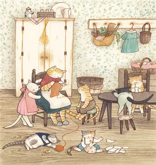 Anthropomorphic cats knitting and relaxing in a cozy vintage room