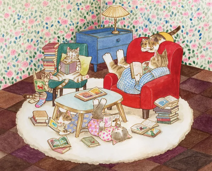 Illustration of cats reading books in a cozy room with floral wallpaper