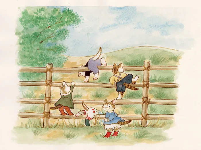 Anthropomorphic cats climbing a wooden fence in a countryside setting
