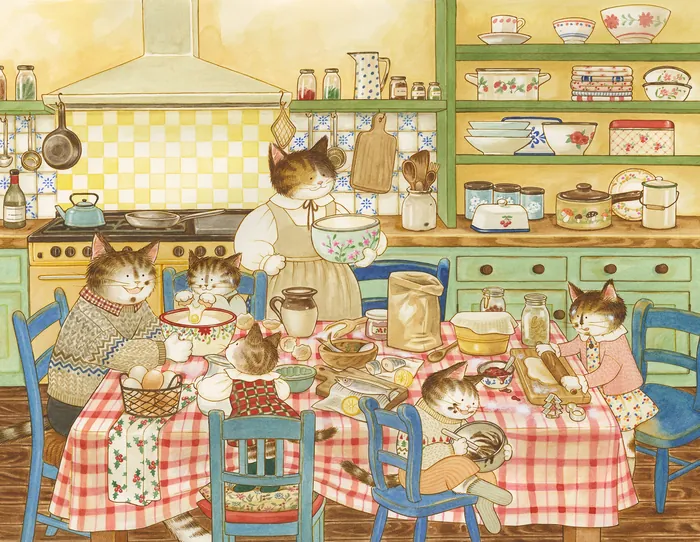 Cats baking and drinking tea in a cozy kitchen with checkered tablecloth