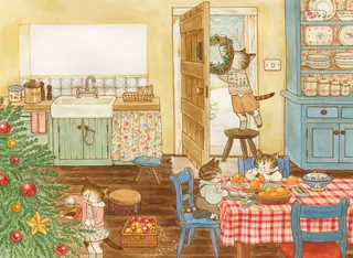 Cats decorating Christmas tree and table in cozy kitchen setting