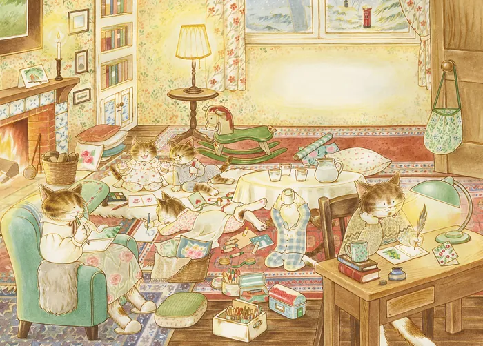 Anthropomorphic cats relaxing and playing in a cozy living room