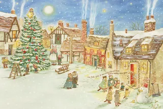 Snowy village with Christmas tree and singing carolers at night