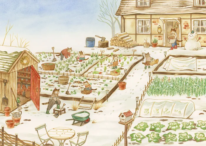 Snow-covered garden beds, greenhouse, and house with winter plants