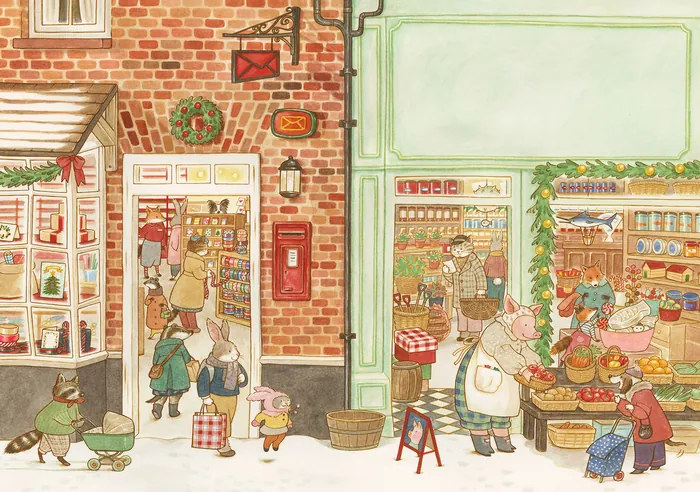 Animals shopping at quaint village stores with warm, rustic details