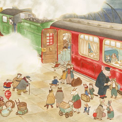 Cats with luggage boarding train at a foggy station