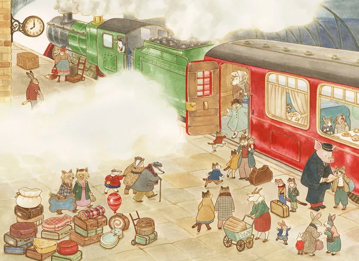 Cats with luggage boarding train at a foggy station