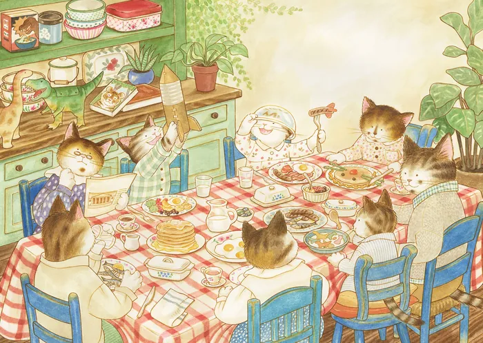 Cats in clothes having a meal at a table with food and plants